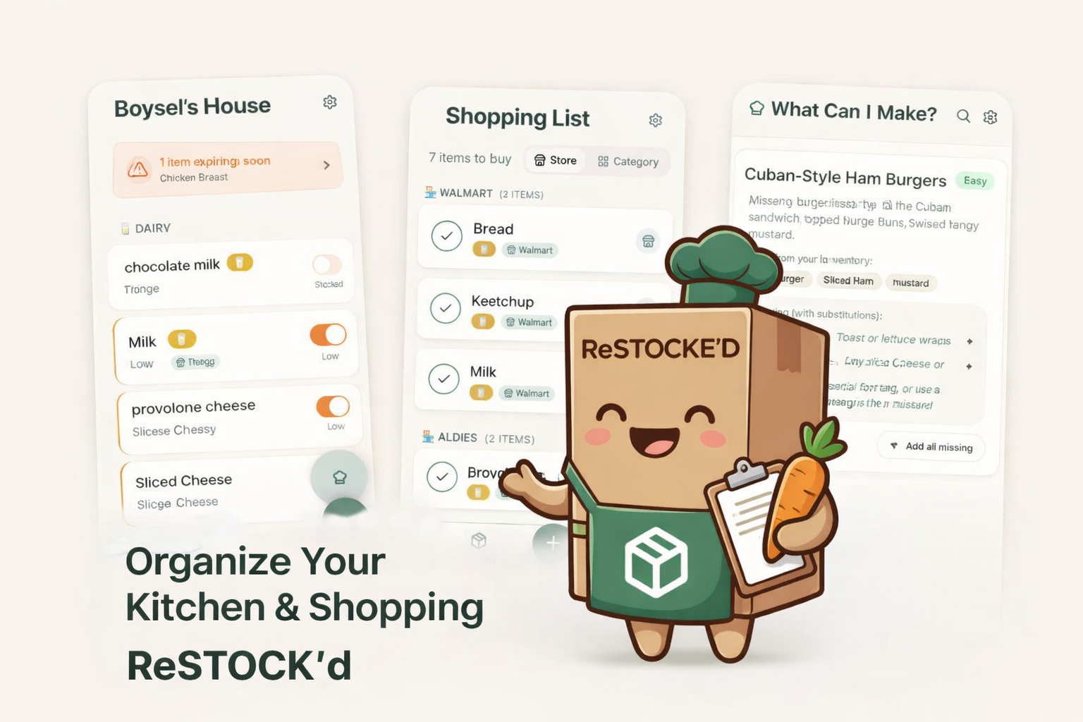 ReStock'd overview social image featuring pantry, list, and recipe views
